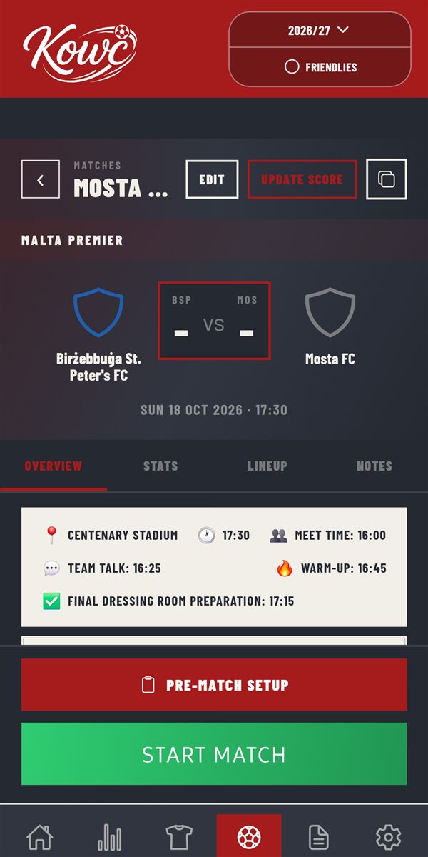 Matchday Assistant with the live clock, formation, bench and set-piece roles