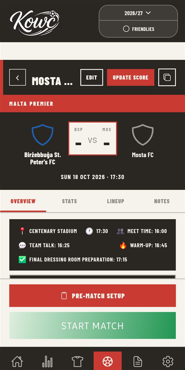 Matchday Assistant with the live clock, formation, bench and set-piece roles