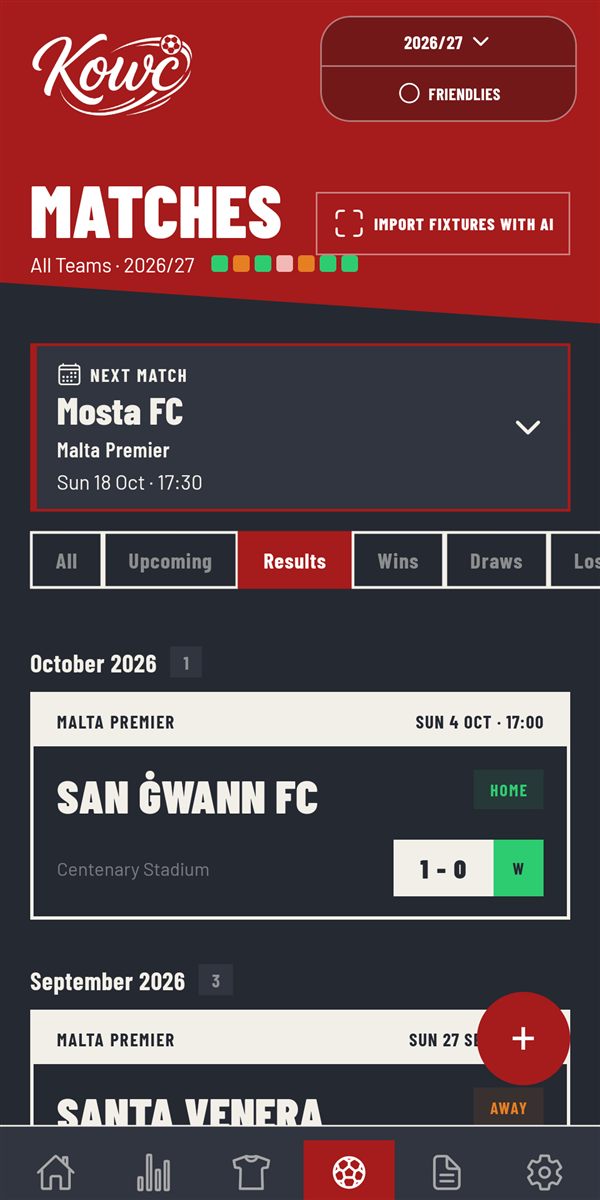 Kowċ matches list with results, filters and the next fixture