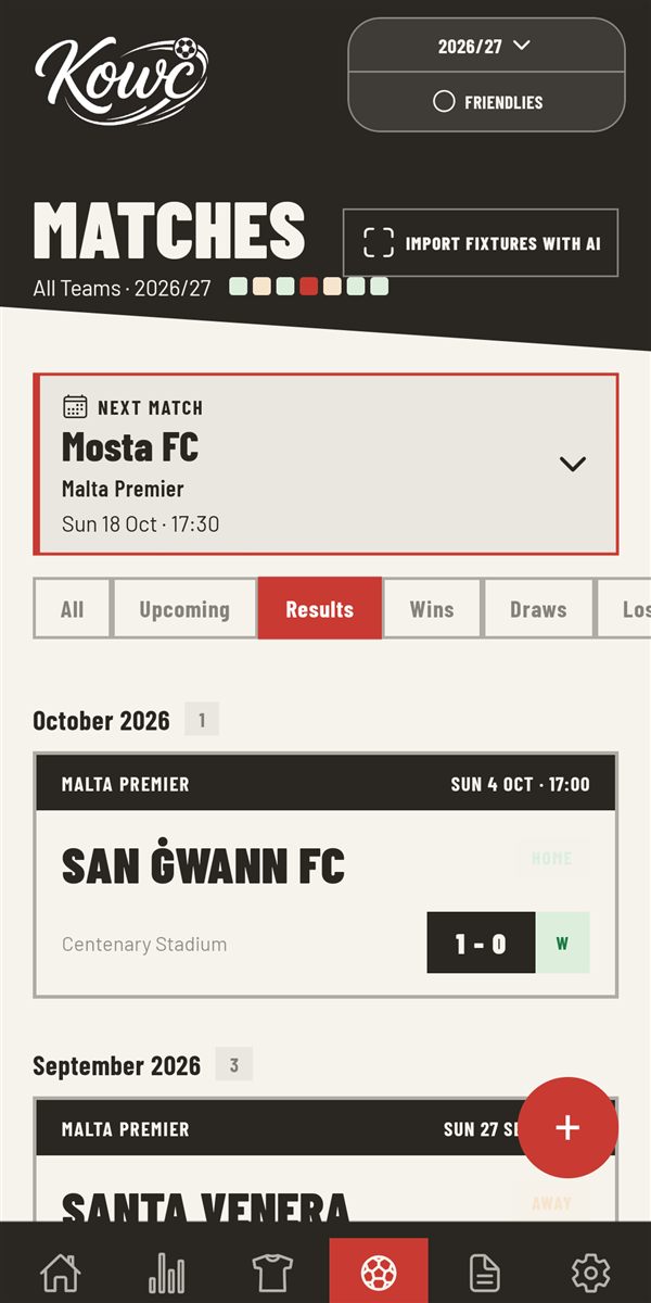 Kowċ matches list with results, filters and the next fixture