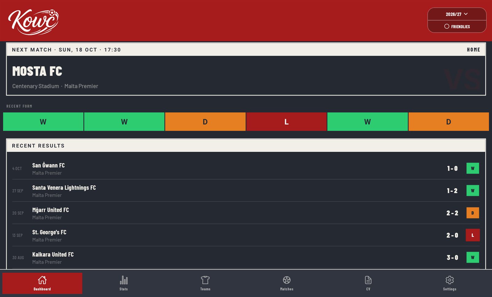 Kowċ dashboard: win rate, next match and recent form