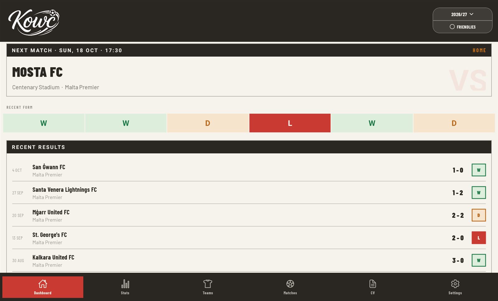 Kowċ dashboard: win rate, next match and recent form