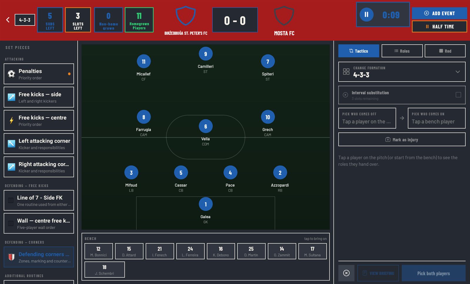 Matchday Assistant with the live clock, formation, bench and set-piece roles