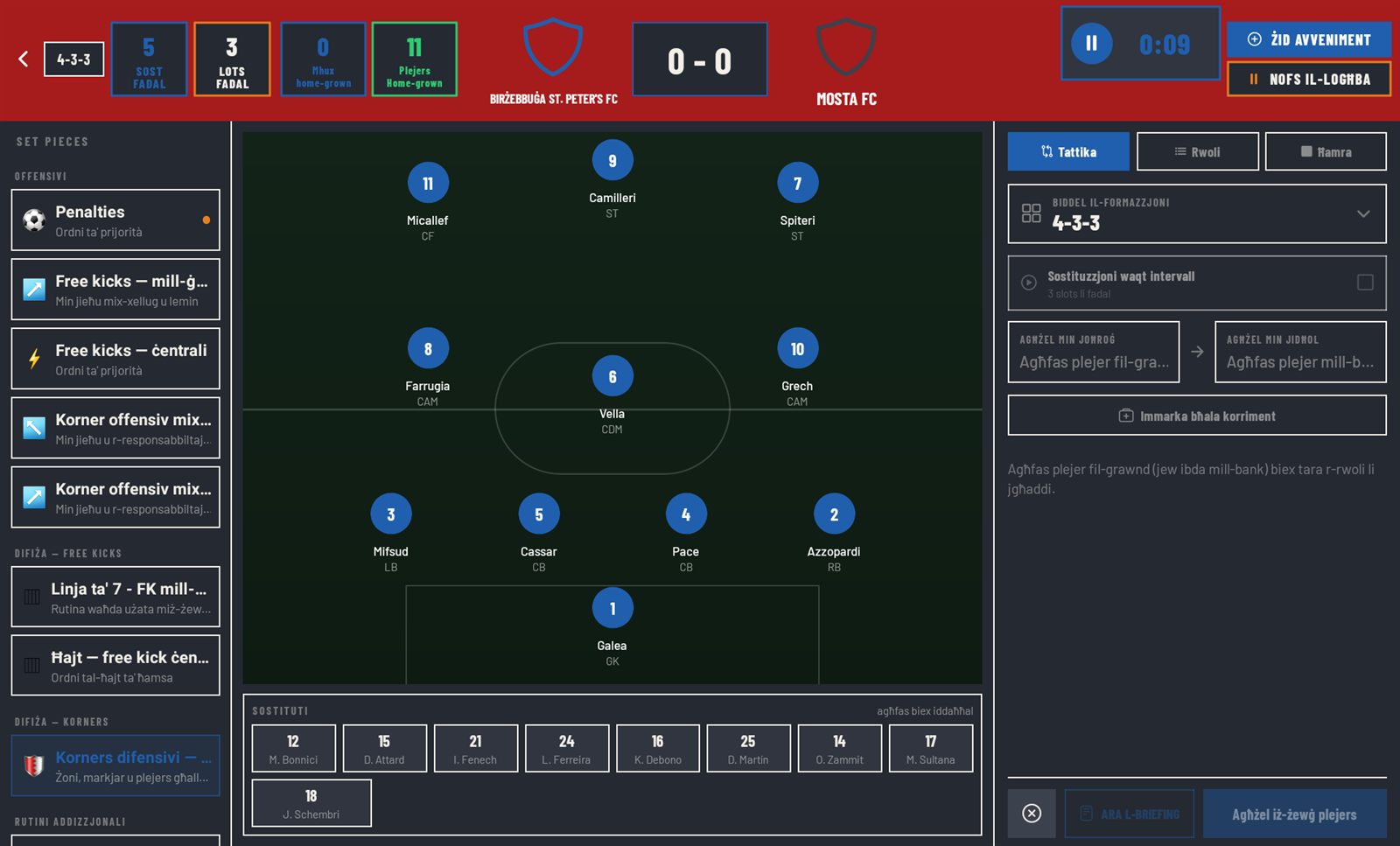 L-Assistent tal-Logħba bil-arloġġ live, il-formazzjoni, il-bank u r-rwoli tas-set-pieces