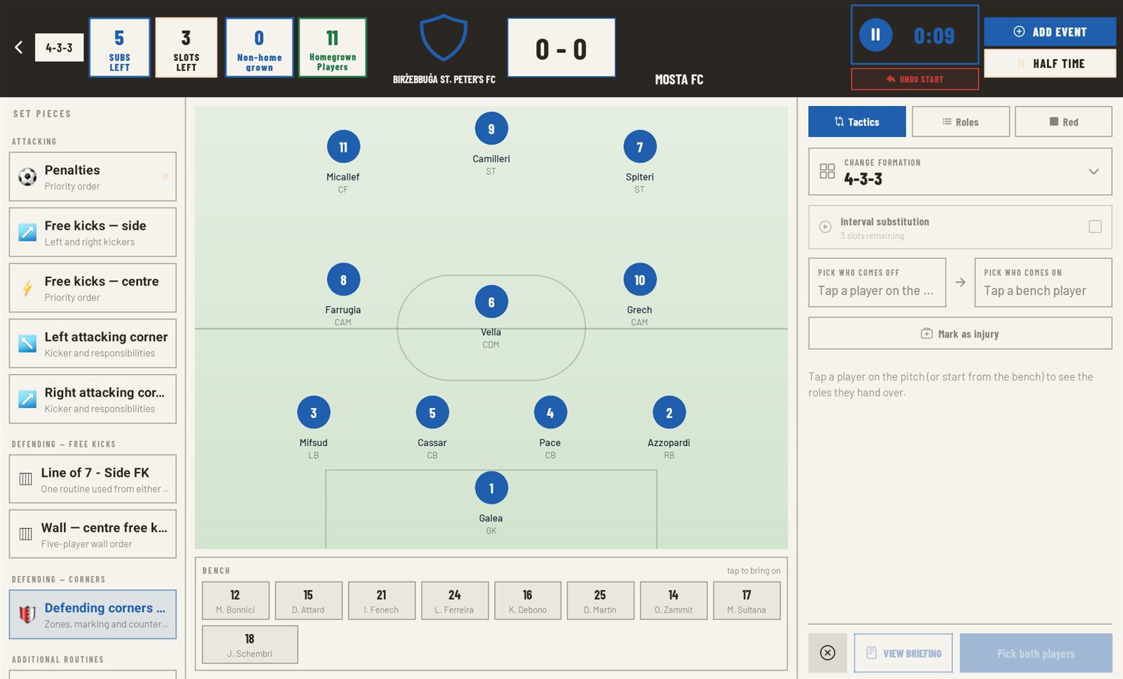 Matchday Assistant with the live clock, formation, bench and set-piece roles