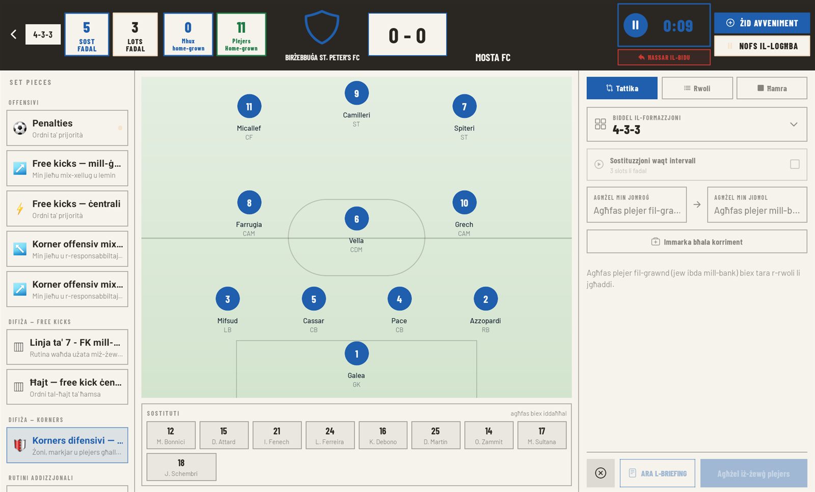 L-Assistent tal-Logħba bil-arloġġ live, il-formazzjoni, il-bank u r-rwoli tas-set-pieces
